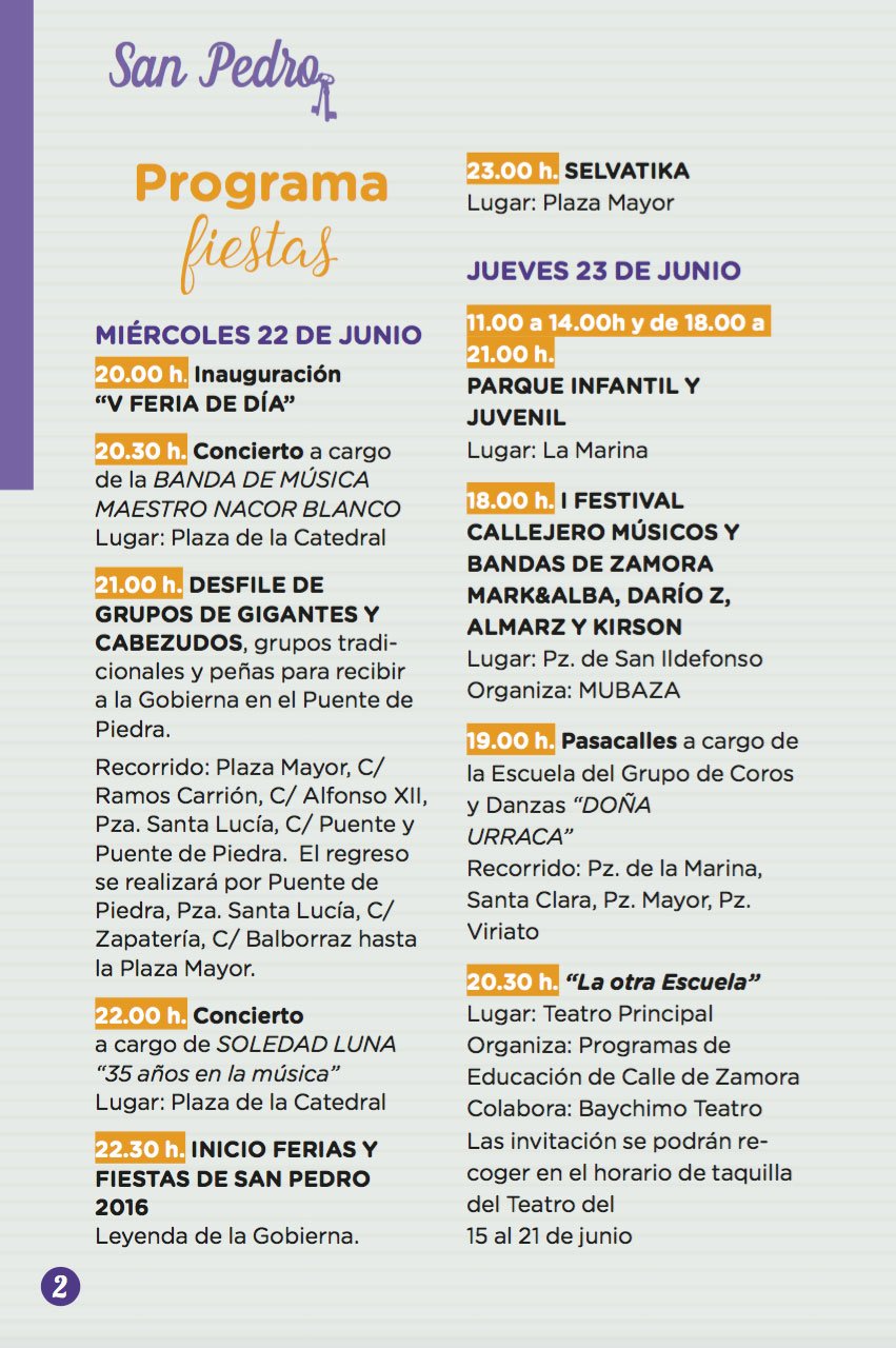 Programa Oficial de las Ferias y Fiestas de San Pedro 2016, Zamora. Del 22 al 29 de Junio.