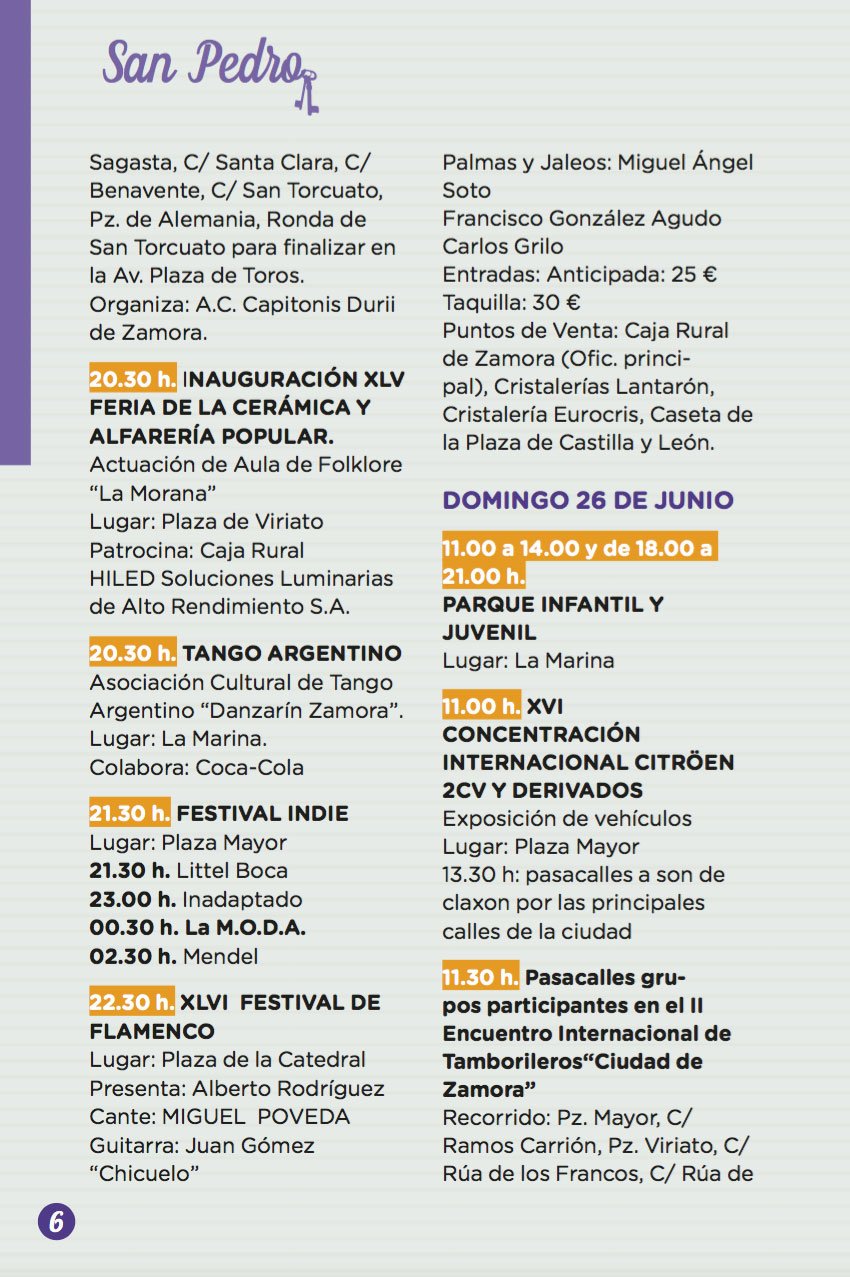 Programa Oficial de las Ferias y Fiestas de San Pedro 2016, Zamora. Del 22 al 29 de Junio.