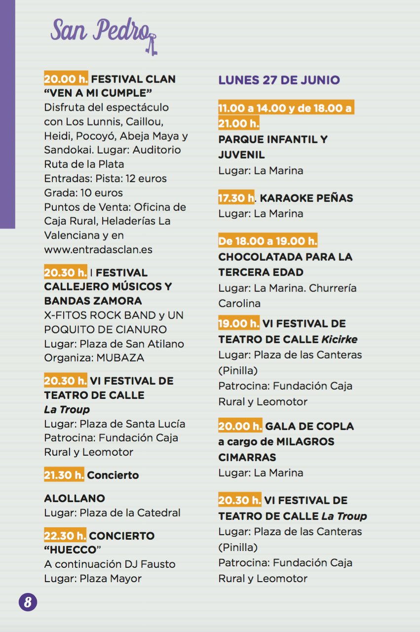 Programa Oficial de las Ferias y Fiestas de San Pedro 2016, Zamora. Del 22 al 29 de Junio.