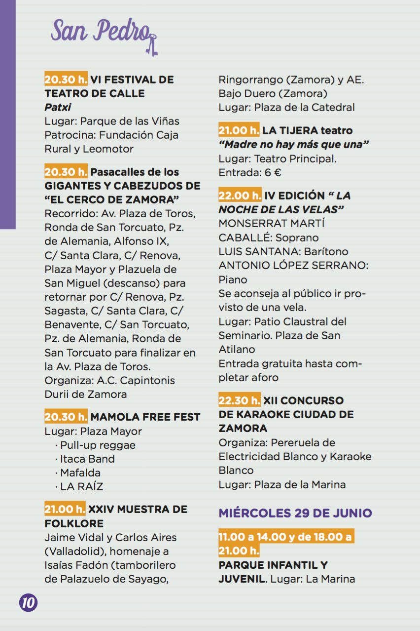 Programa Oficial de las Ferias y Fiestas de San Pedro 2016, Zamora. Del 22 al 29 de Junio.