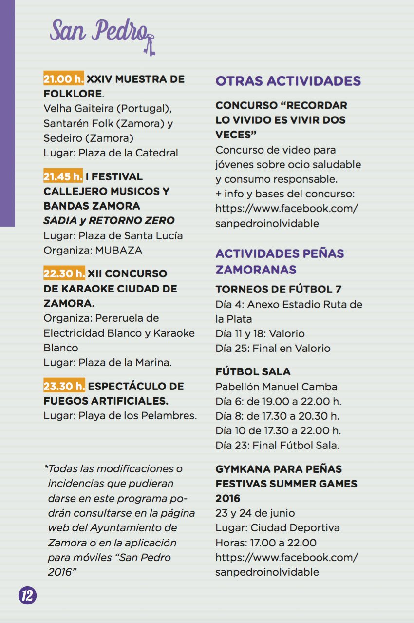 Programa Oficial de las Ferias y Fiestas de San Pedro 2016, Zamora. Del 22 al 29 de Junio.