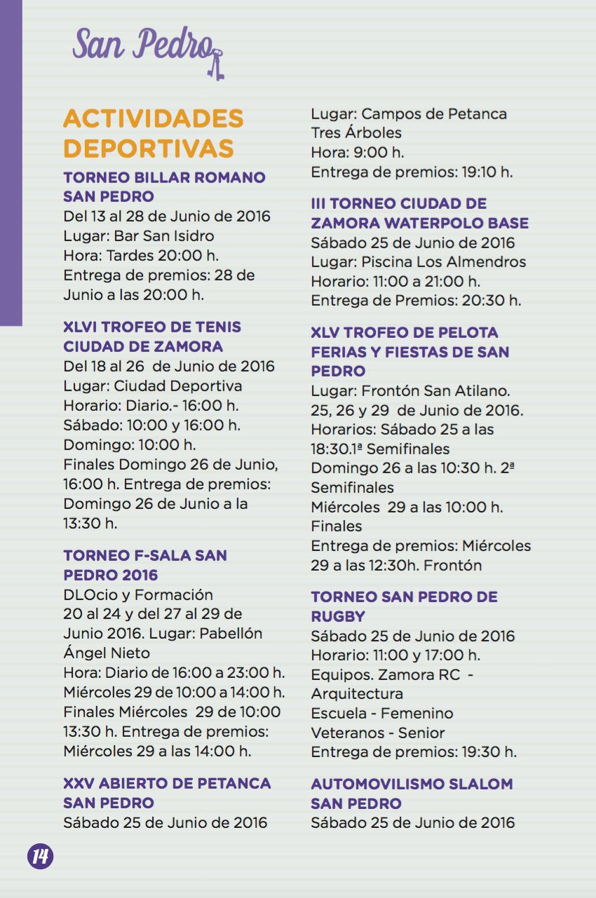 Programa Oficial de las Ferias y Fiestas de San Pedro 2016, Zamora. Del 22 al 29 de Junio.